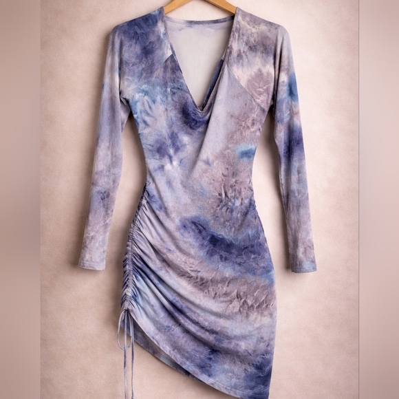Follow Me Dresses & Skirts - Follow Me Apparel Dress 3X Blue Purple Tie Dye Ruched Side Long Sleeve Dress